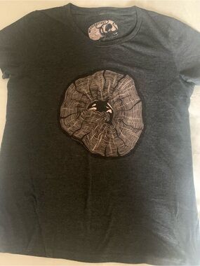 womens Dark Gray Graphic Tee with Tree Ring Design